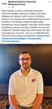 Brother Recognized for the WKU Restaurant Group Student Worker Spotlight
